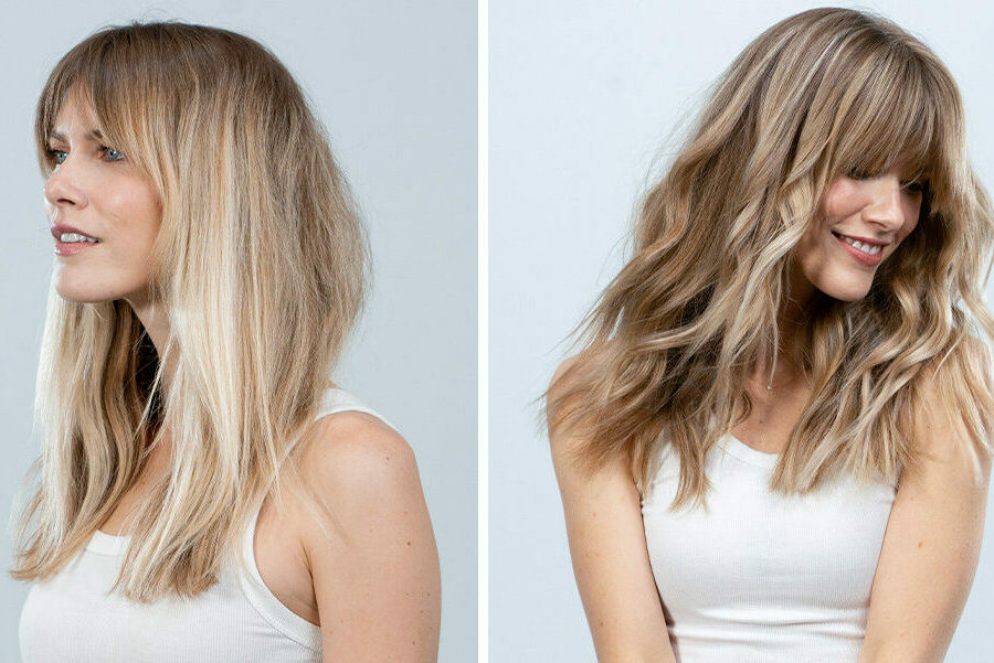 Before and after of a caucasian female with blonde highlighted wavy hair with bangs