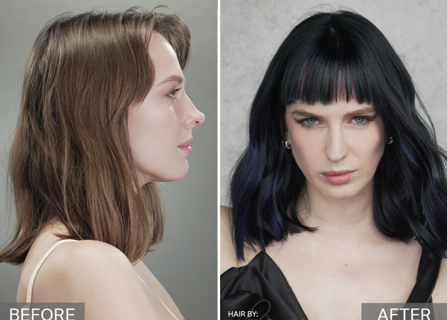 Before and after hair of hair of the female model in Capture the Midnight Magic with the Allure of HydraGloss